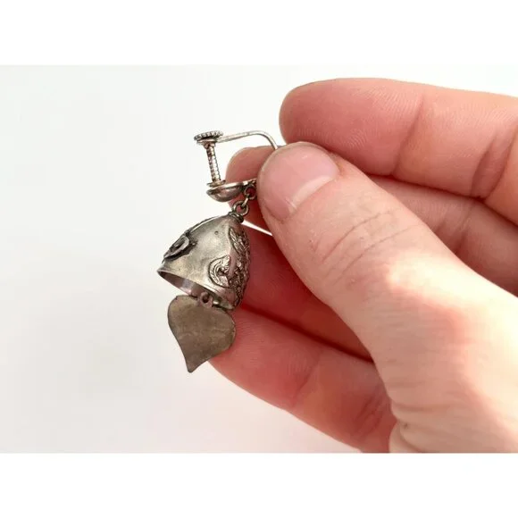 Siam Sterling Silver Vintage Screw Back Bells Hearts Charm Earrings - Picture 9 of 10